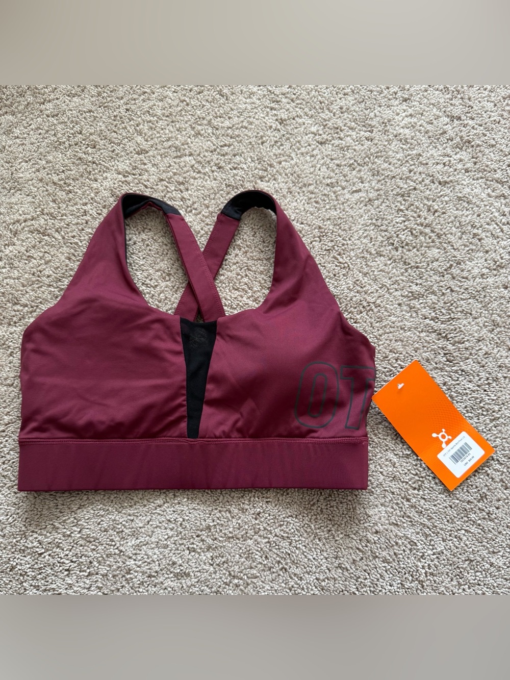 Orangetheory Burgundy Plum Cross-Back Sports Bra with Mesh Inset